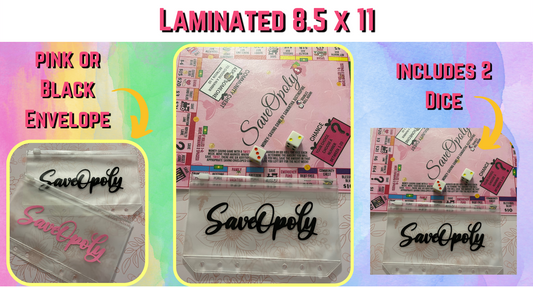 Laminated SaveOpoly Savings Challenge Game & A6 Cash Envelope for Budget Binders